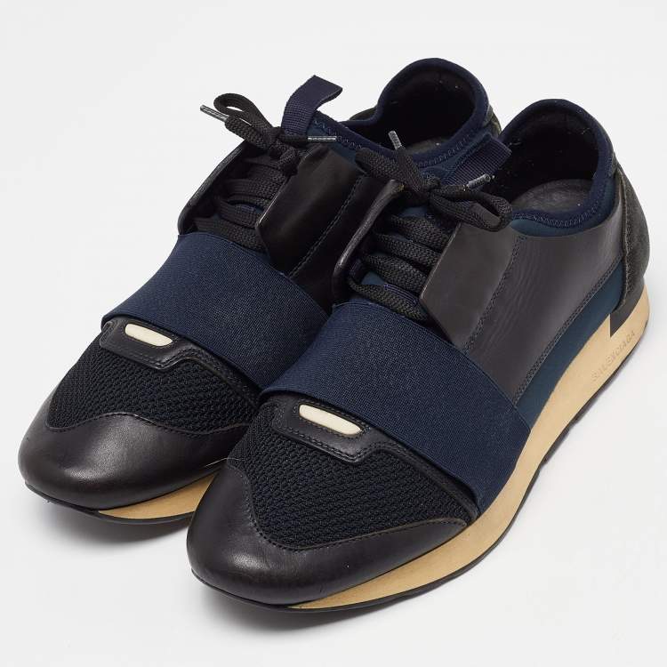 Pre Owned Balenciaga Blue Leather and Mesh Race Runner Sneakers Size 42