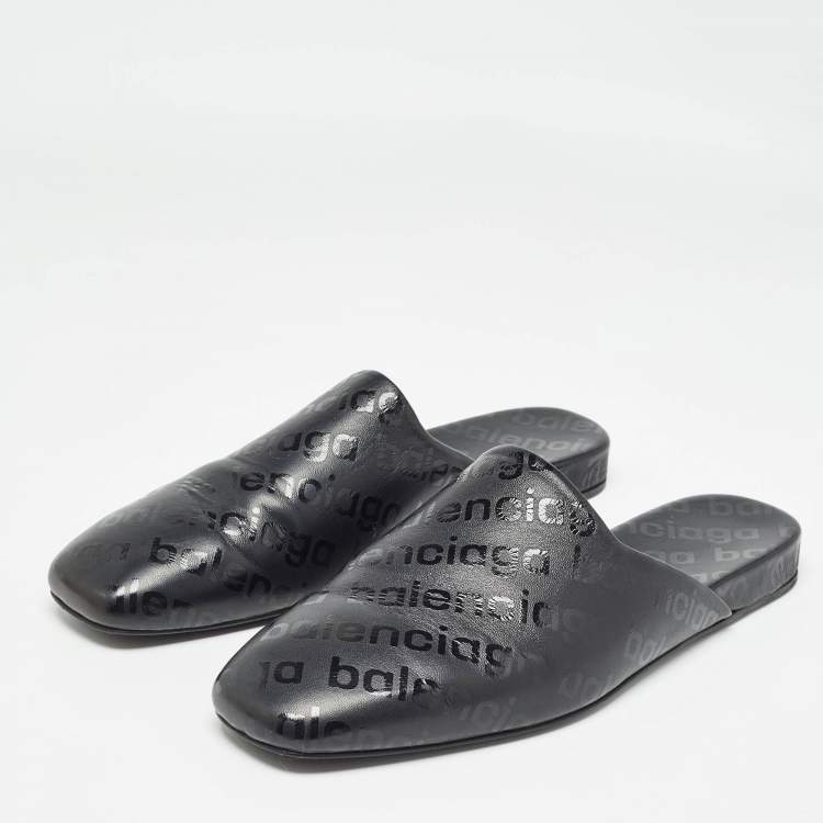 Pre Owned Balenciaga Black Logo Print Leather Slip On Mules Size 40