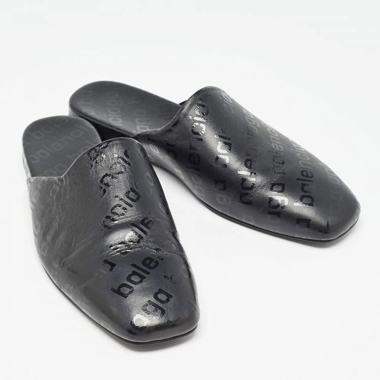 Pre Owned Balenciaga Black Logo Print Leather Slip On Mules Size 40
