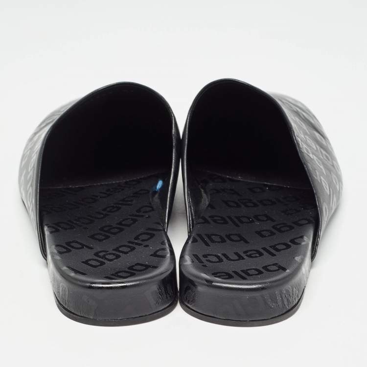 Pre Owned Balenciaga Black Logo Print Leather Slip On Mules Size 40