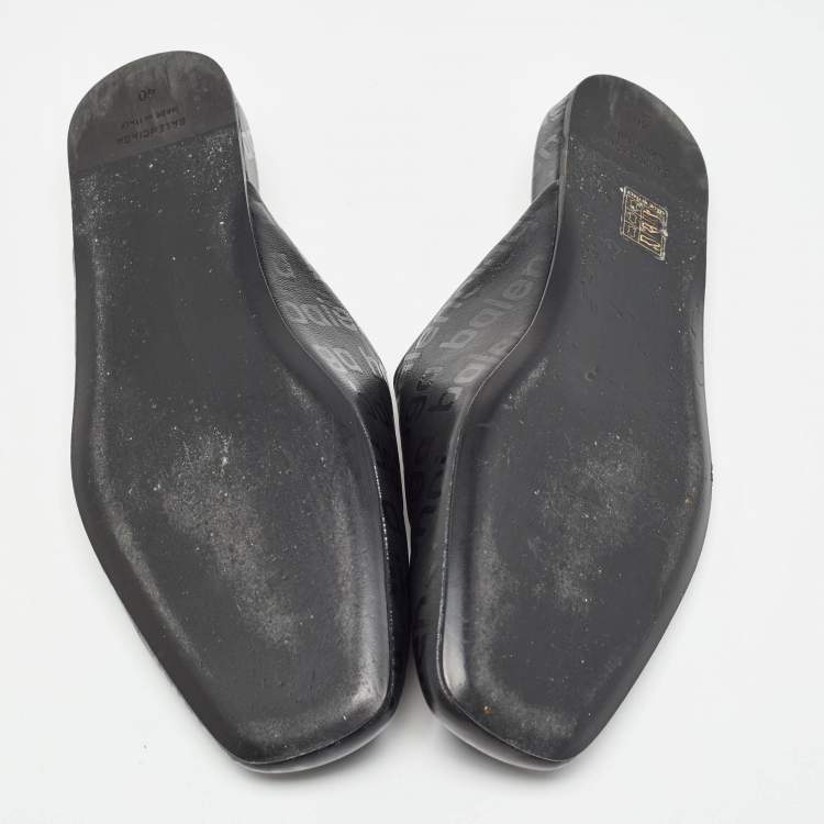 Pre Owned Balenciaga Black Logo Print Leather Slip On Mules Size 40