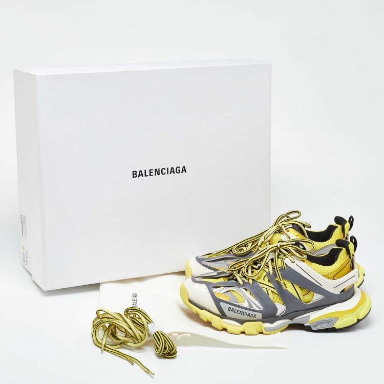 Pre Owned Balenciaga Yellow/Grey Faux Leather and Mesh Track Low Top Sneakers Size 41