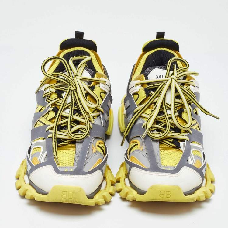 Pre Owned Balenciaga Yellow/Grey Faux Leather and Mesh Track Low Top Sneakers Size 41