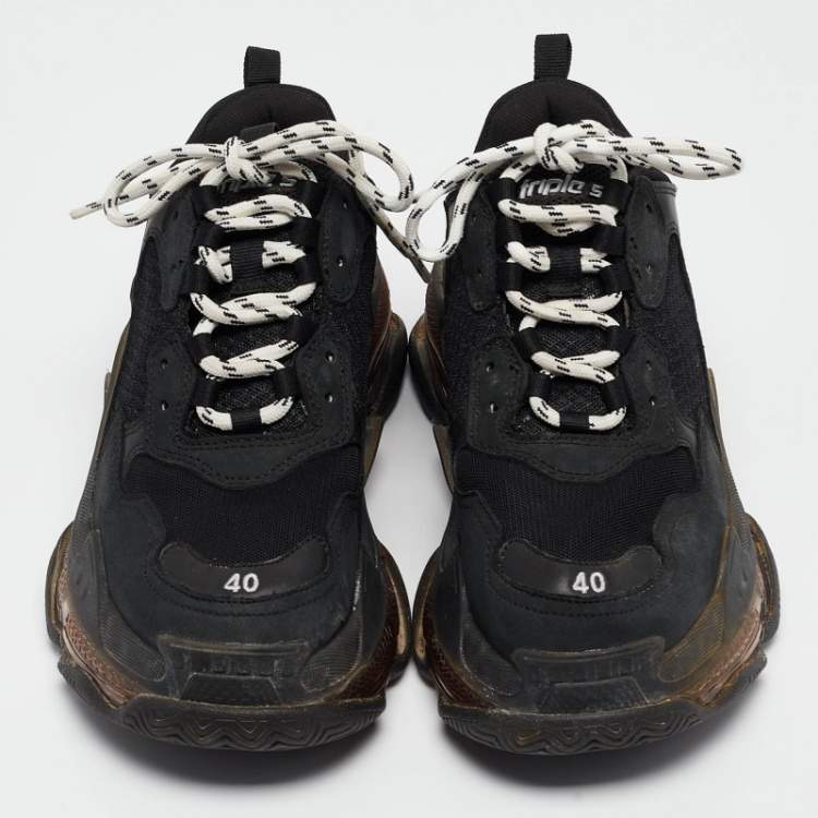 Pre Owned Balenciaga Black Faux Leather and Mesh Triple S Sneakers Size 40