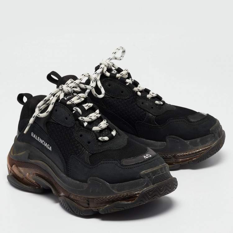 Pre Owned Balenciaga Black Faux Leather and Mesh Triple S Sneakers Size 40