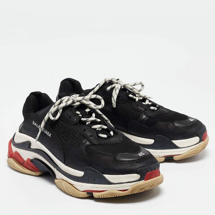 Pre Owned Balenciaga Black Faux Leather And Mesh Triple S Sneakers Size 45