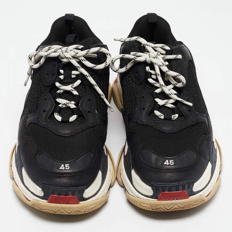Pre Owned Balenciaga Black Faux Leather And Mesh Triple S Sneakers Size 45