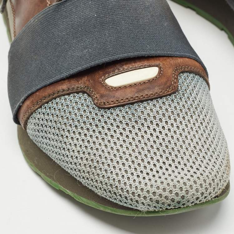 Pre Owned Balenciaga Grey/Brown Mesh and Leather Race Runner Sneakers Size 42