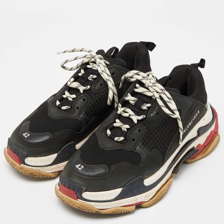 Pre Owned Balenciaga Black Faux Leather and Mesh Triple S Low Top Sneakers Size 42