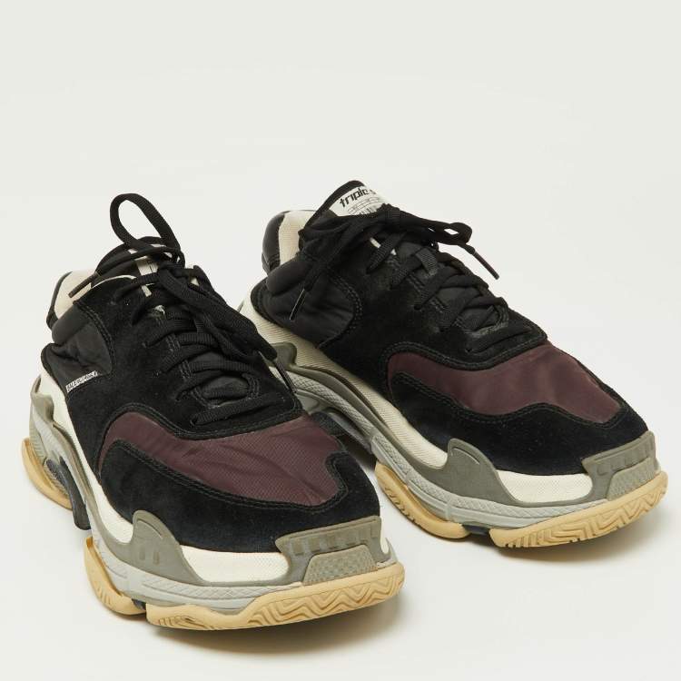 Pre Owned Balenciaga Black/Burgundy Suede and Nylon Triple S Sneakers Size 42