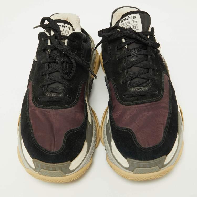 Pre Owned Balenciaga Black/Burgundy Suede and Nylon Triple S Sneakers Size 42