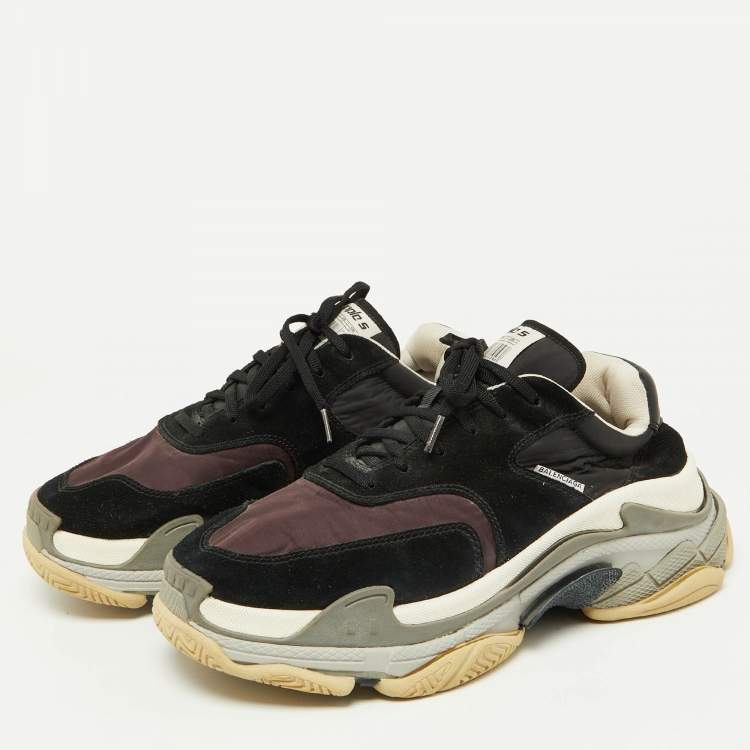 Pre Owned Balenciaga Black/Burgundy Suede and Nylon Triple S Sneakers Size 42