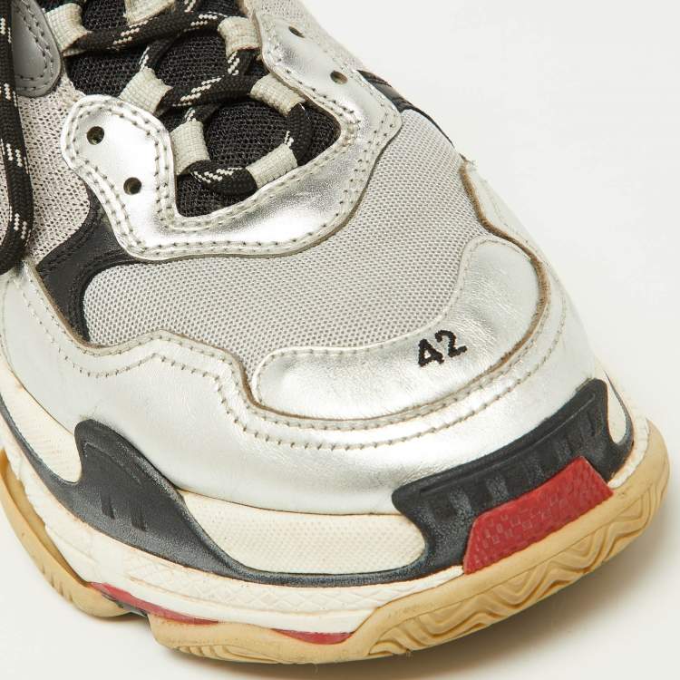 Pre Owned Balenciaga Silver Mesh and Faux Leather Triple S Lace Up Sneakers Size 42
