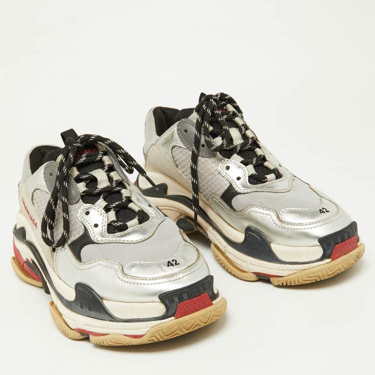 Pre Owned Balenciaga Silver Mesh and Faux Leather Triple S Lace Up Sneakers Size 42
