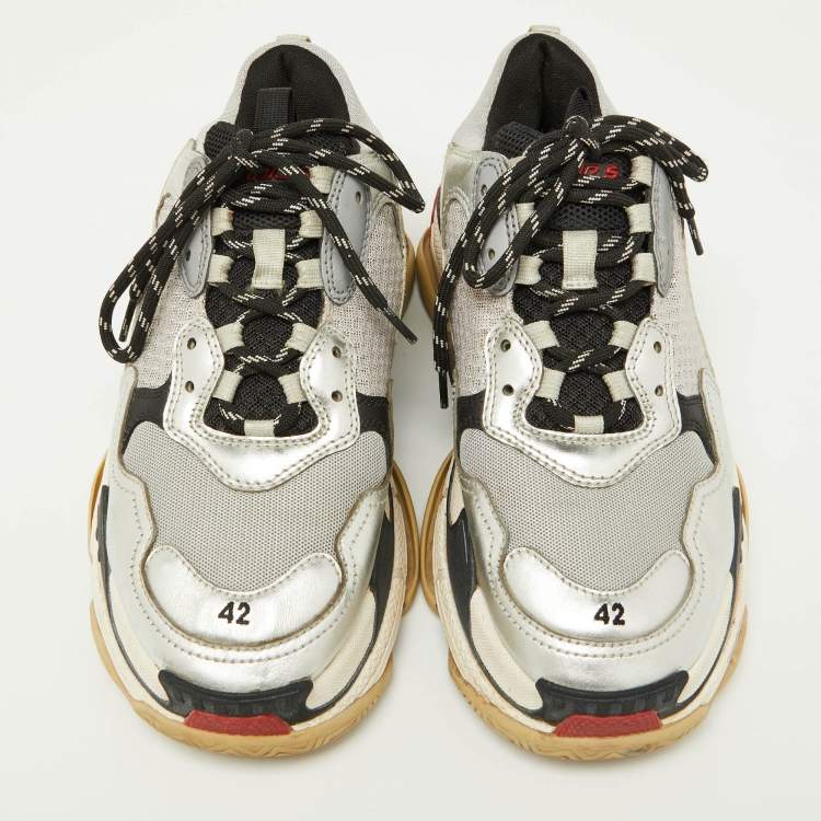 Pre Owned Balenciaga Silver Mesh and Faux Leather Triple S Lace Up Sneakers Size 42