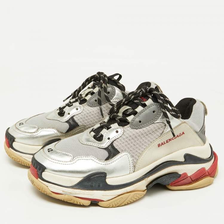 Pre Owned Balenciaga Silver Mesh and Faux Leather Triple S Lace Up Sneakers Size 42