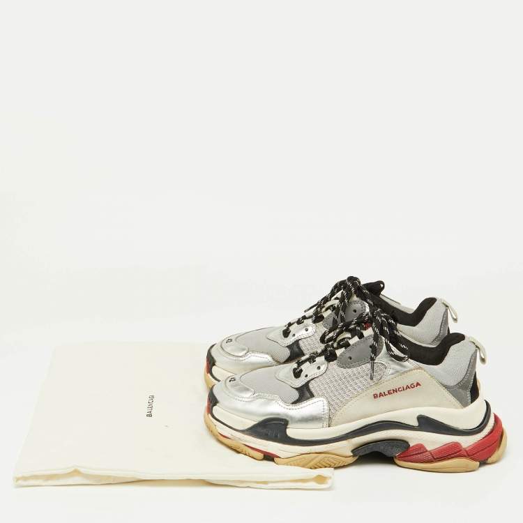 Pre Owned Balenciaga Silver Mesh and Faux Leather Triple S Lace Up Sneakers Size 42