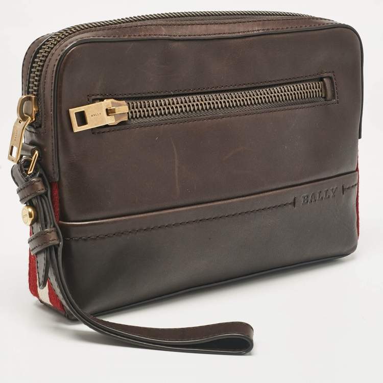 Pre Owned Bally Dark Brown Leather Stripe Wristlet Pouch