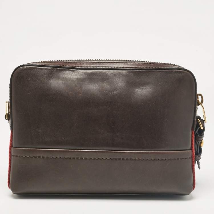 Pre Owned Bally Dark Brown Leather Stripe Wristlet Pouch