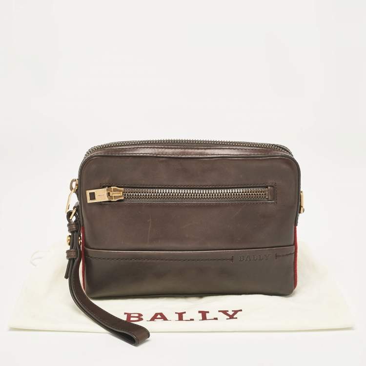 Pre Owned Bally Dark Brown Leather Stripe Wristlet Pouch