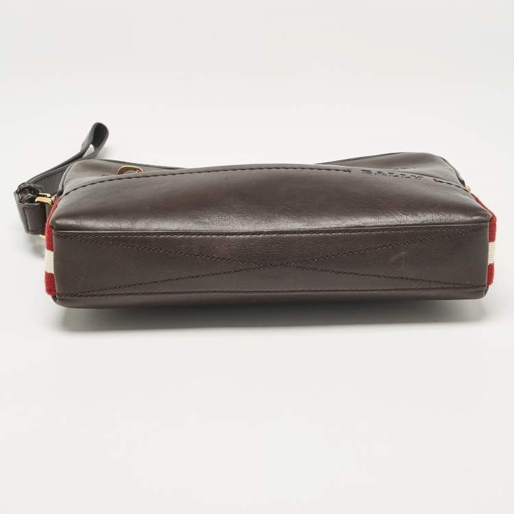 Pre Owned Bally Dark Brown Leather Stripe Wristlet Pouch