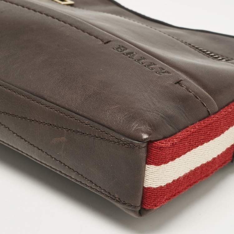Pre Owned Bally Dark Brown Leather Stripe Wristlet Pouch