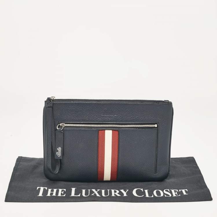 Pre Owned Bally Navy Blue Leather Wristlet Zip Pouch