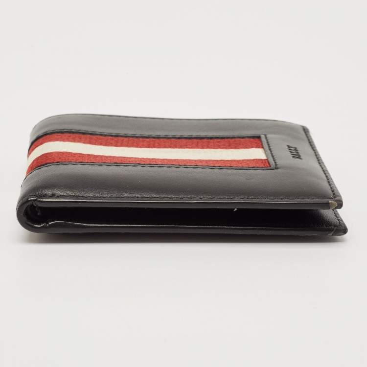 Pre Owned Bally Black Leather Web Detail Bifold Wallet