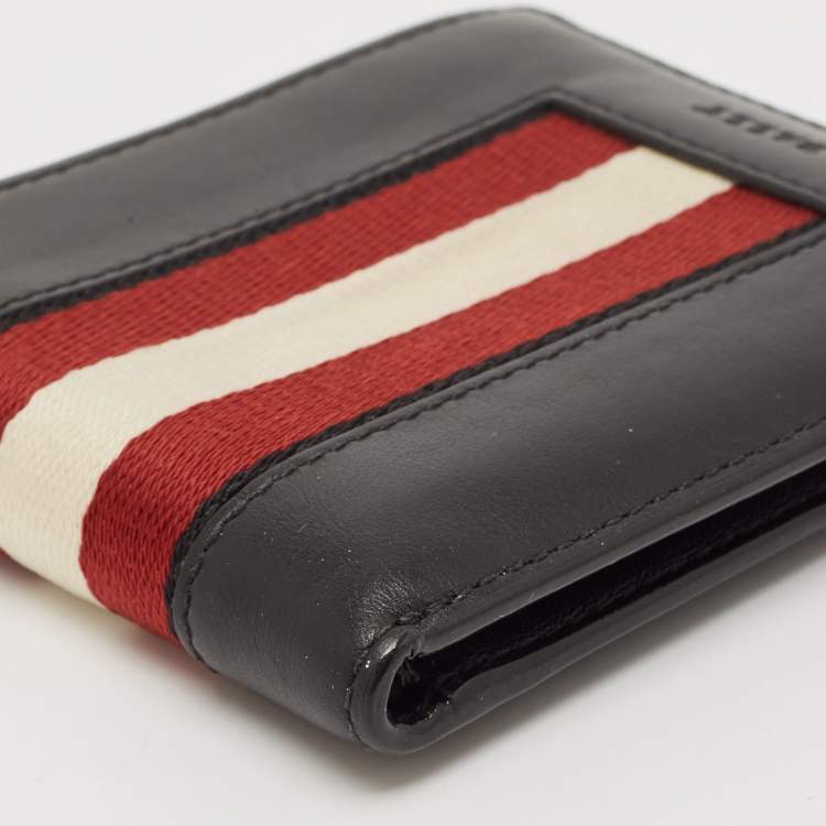 Pre Owned Bally Black Leather Web Detail Bifold Wallet