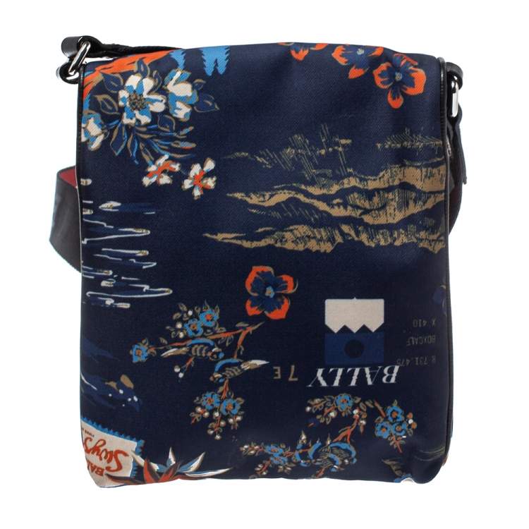 Pre Owned Bally Blue Tropical Print Nylon Small Messenger Bag