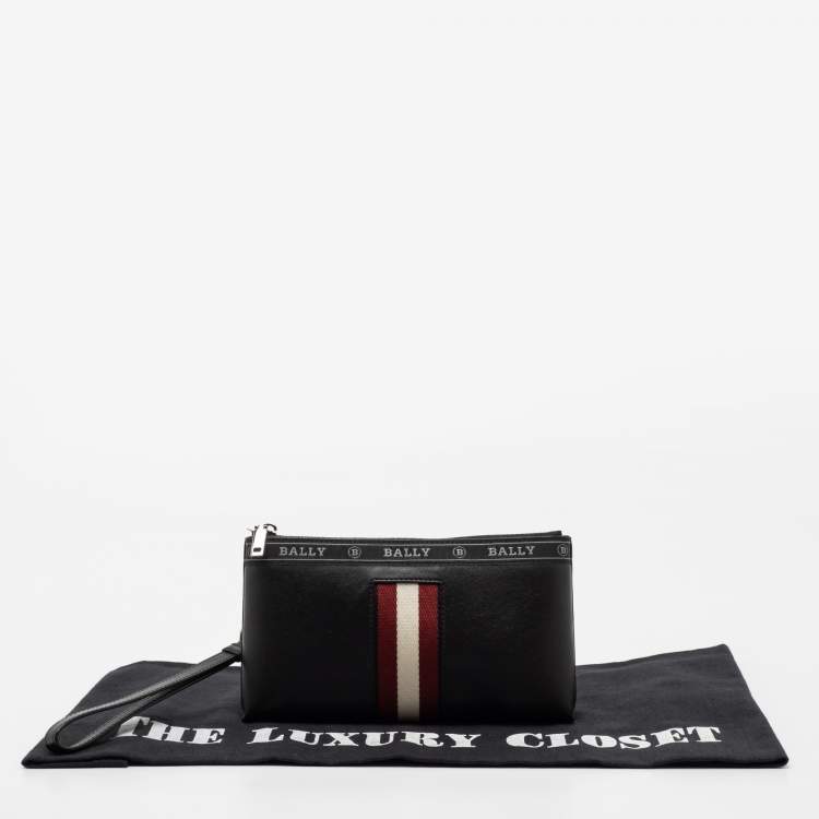 Pre Owned Bally Black Leather Stripe Hartland Wristlet Clutch