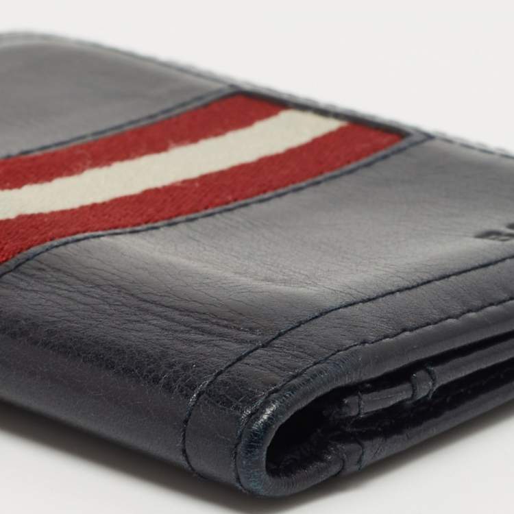 Pre Owned Bally Navy Blue Leather and Canvas Web Bifold Card Case