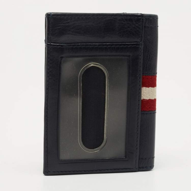 Pre Owned Bally Navy Blue Leather and Canvas Web Bifold Card Case