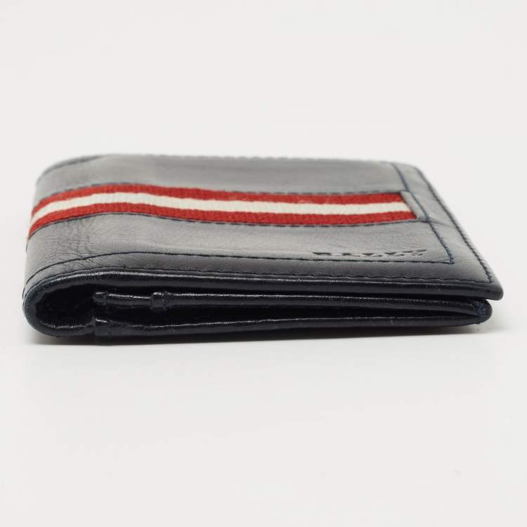 Pre Owned Bally Navy Blue Leather and Canvas Web Bifold Card Case