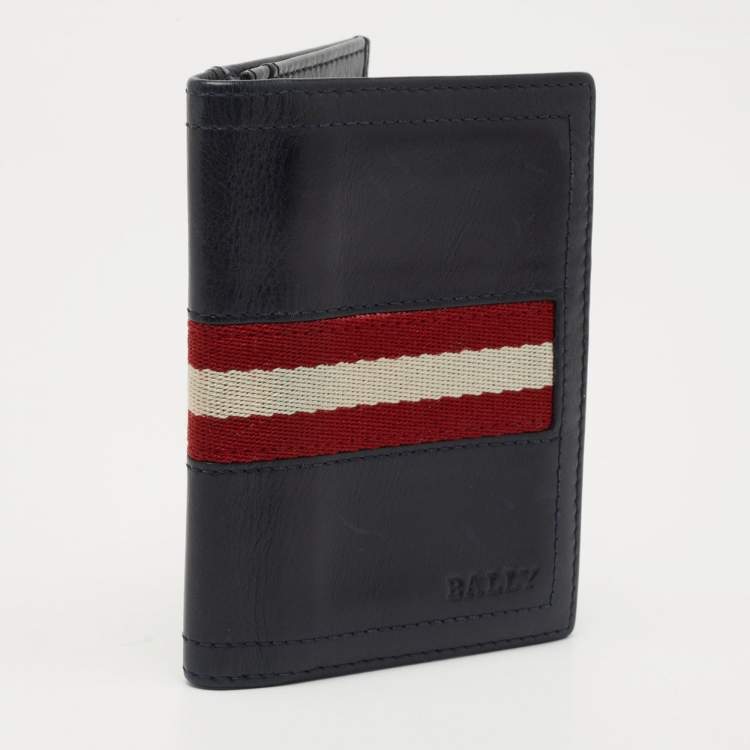 Pre Owned Bally Navy Blue Leather and Canvas Web Bifold Card Case