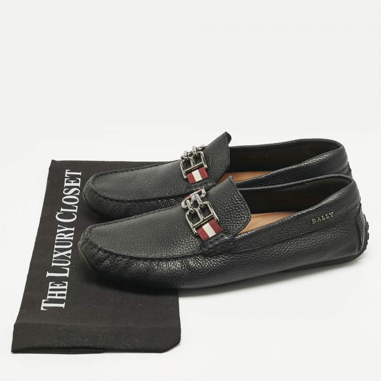 Pre Owned Bally Black Leather BB Horsebit Pebbled Driver Loafers Size 41.5         