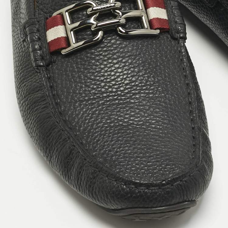 Pre Owned Bally Black Leather BB Horsebit Pebbled Driver Loafers Size 41.5         