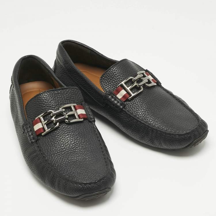 Pre Owned Bally Black Leather BB Horsebit Pebbled Driver Loafers Size 41.5         