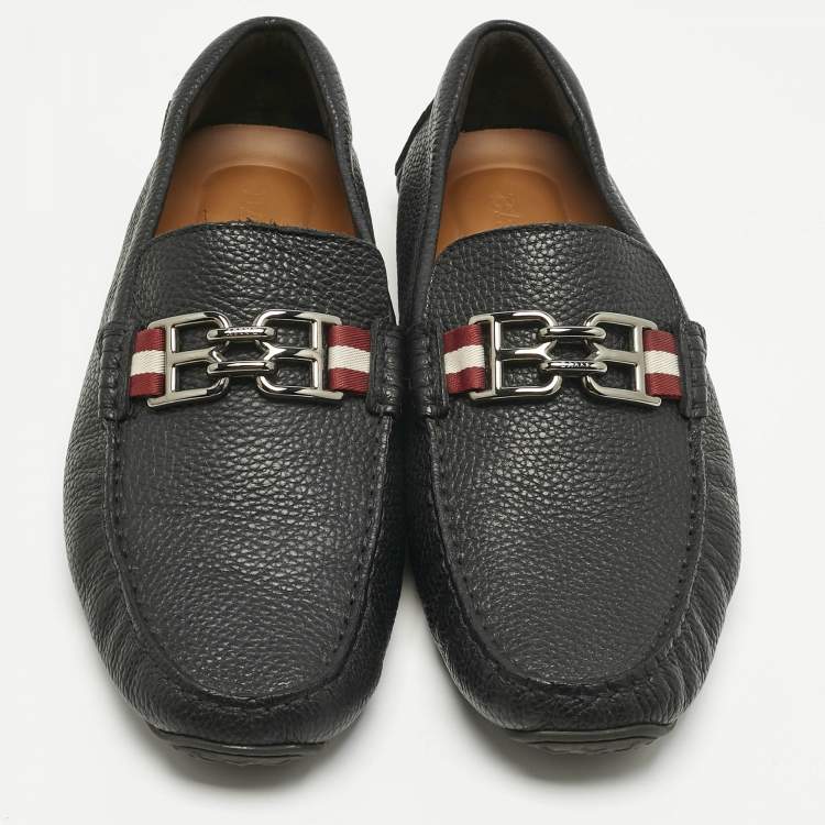 Pre Owned Bally Black Leather BB Horsebit Pebbled Driver Loafers Size 41.5         
