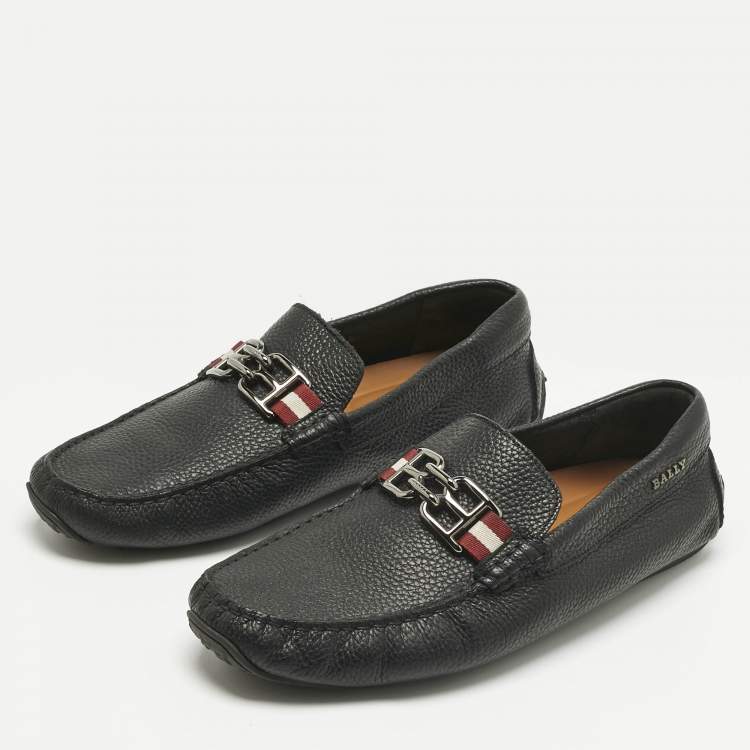 Pre Owned Bally Black Leather BB Horsebit Pebbled Driver Loafers Size 41.5         