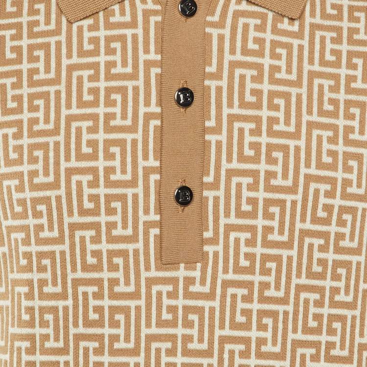 Pre Owned Balmain Beige Monogram Wool & Linen Knit Polo T-Shirt M