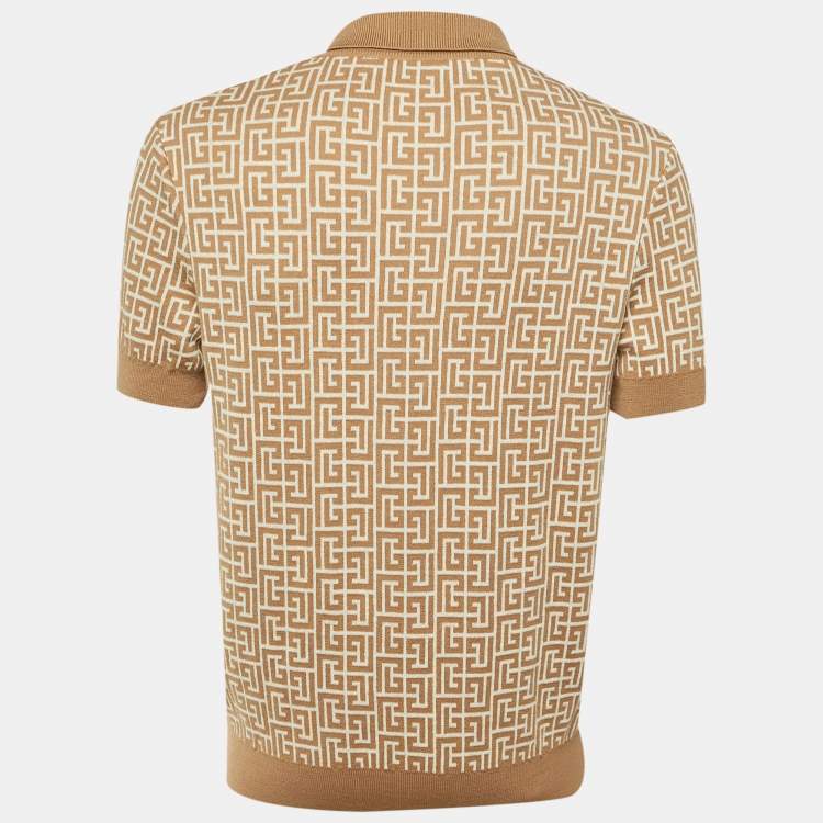 Pre Owned Balmain Beige Monogram Wool & Linen Knit Polo T-Shirt M