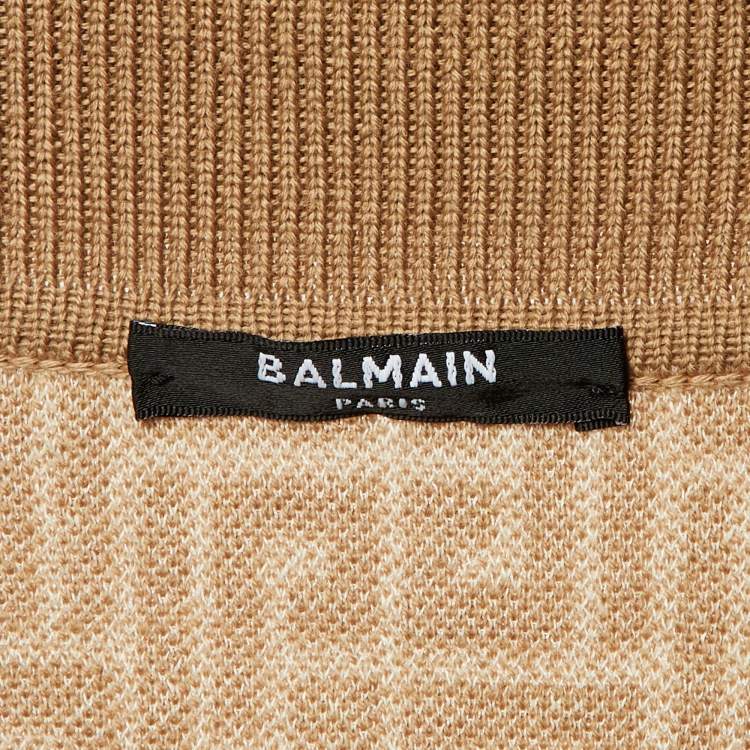Pre Owned Balmain Beige Monogram Wool & Linen Knit Polo T-Shirt M
