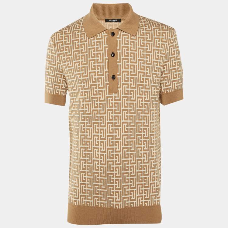 Pre Owned Balmain Beige Monogram Wool & Linen Knit Polo T-Shirt M