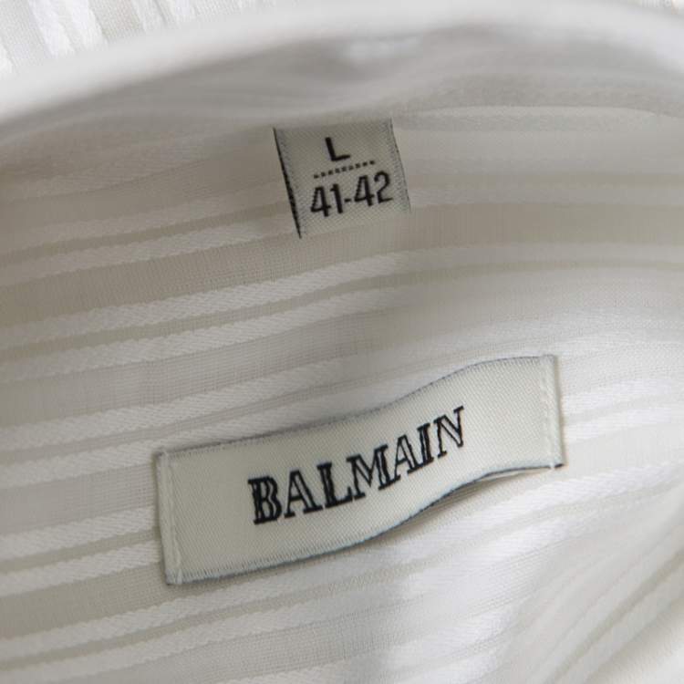 Pre Owned Balmain Off White Striped Cotton Long Sleeve Button Front Two Ply Shirt L