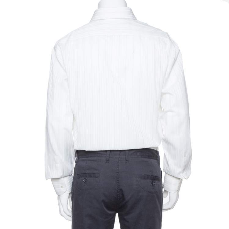 Pre Owned Balmain Cream Striped Cotton Long Sleeve Button Front Two Ply Shirt L
