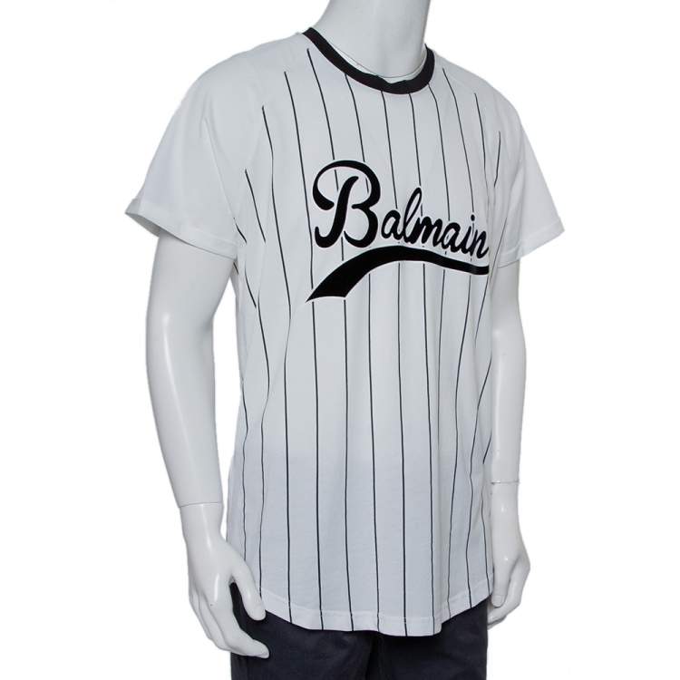 Pre Owned Balmain White Striped Cotton Velvet Logo Detail Crewneck T-Shirt XXL