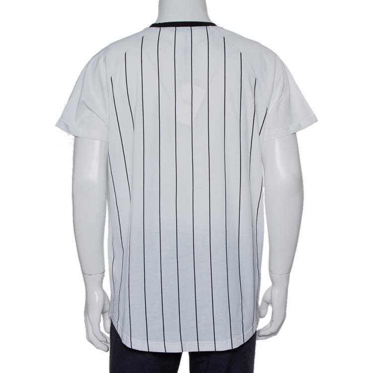 Pre Owned Balmain White Striped Cotton Velvet Logo Detail Crewneck T-Shirt XXL