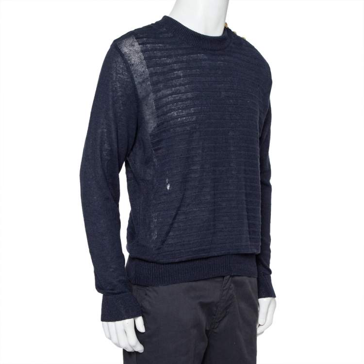 Pre Owned Balmain Navy Blue Linen Knit Shoulder Button Detail Distressed Sweater L