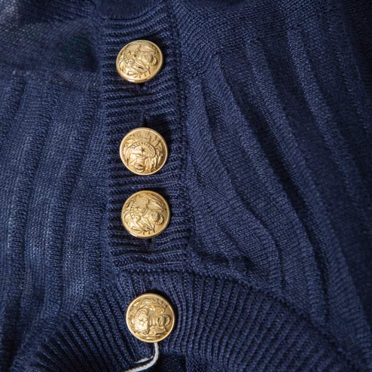 Pre Owned Balmain Navy Blue Linen Knit Shoulder Button Detail Distressed Sweater L